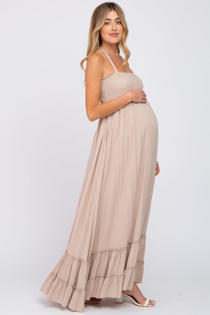 Beige Halter Neck Cut Out Maternity Maxi Dress
