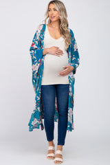 Teal Floral Flowy Round Hem Maternity Cover-Up
