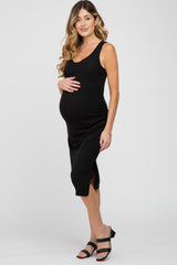 Black Ribbed Ruched Maternity Fitted Midi Dress
