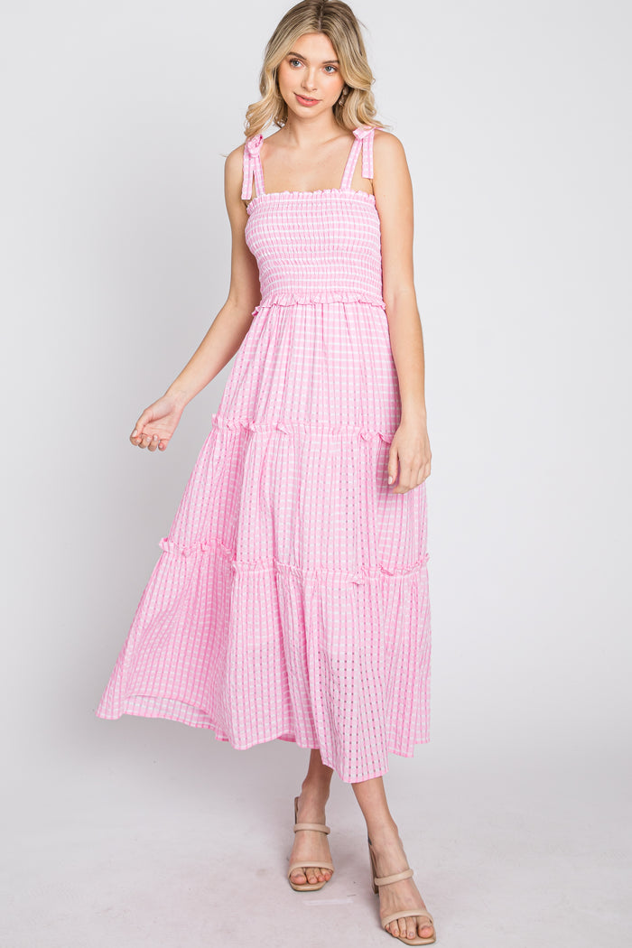 Pink Striped Smocked Shoulder Tie Midi Dress