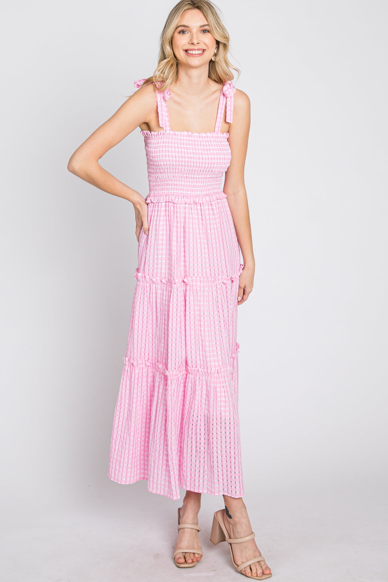 Pink Striped Smocked Shoulder Tie Midi Dress