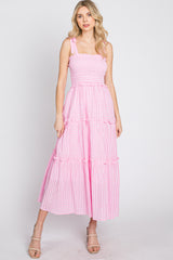 Pink Striped Smocked Shoulder Tie Midi Dress