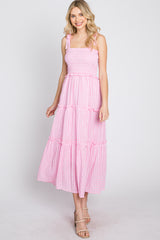 Pink Striped Smocked Shoulder Tie Midi Dress