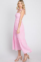 Pink Striped Smocked Shoulder Tie Midi Dress