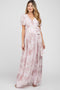 Light Pink Floral Chiffon Wrap Front Short Sleeve Maternity Maxi Dress