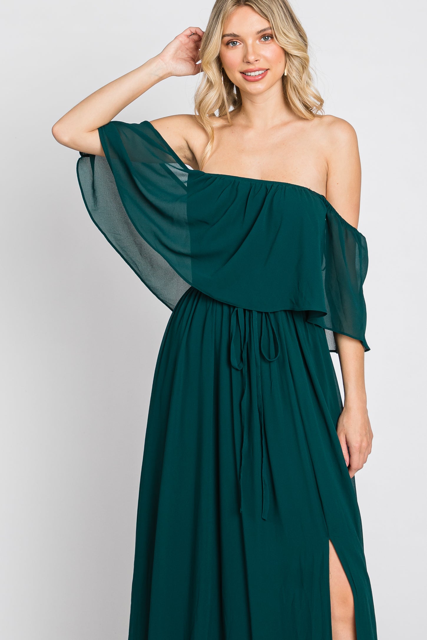 Emerald Green Chiffon Off Shoulder Maxi Dress
