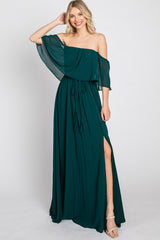 Emerald Green Chiffon Off Shoulder Maxi Dress