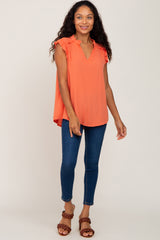 Orange Ruffle Accent Split Neck Blouse