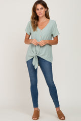 Light Green Swiss Dot Button Tie Front Top