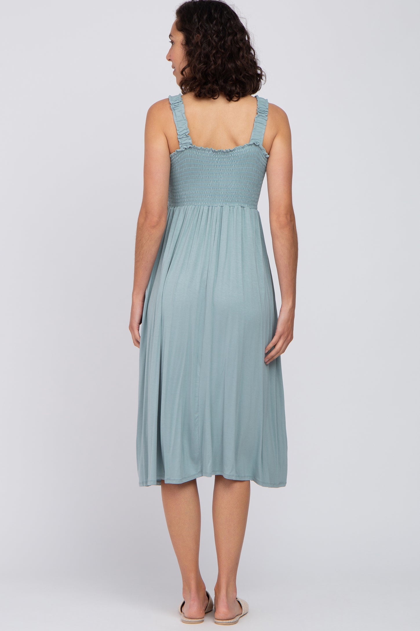 Light Blue Smocked Ruffle Strap Midi Dress