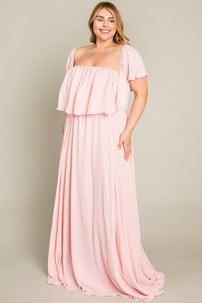 Light Pink Chiffon Off Shoulder Plus Gown