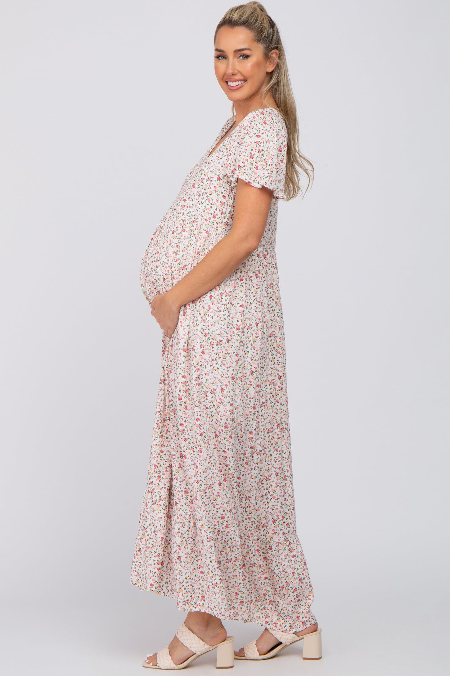 Ivory Floral Smocked Front Ruffle Hem Maternity Maxi Dress