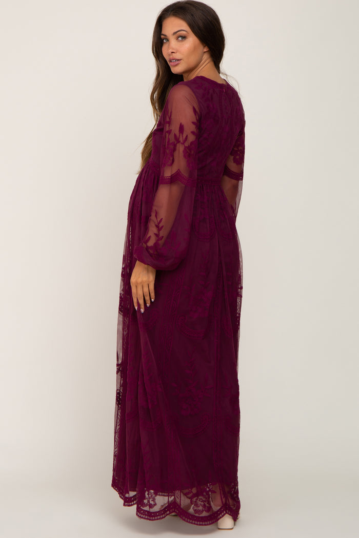 PinkBlush Burgundy Lace Mesh Long Sleeve Maternity Maxi Dress
