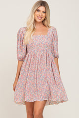 Pink Floral Pleated Puff Sleeve Dress