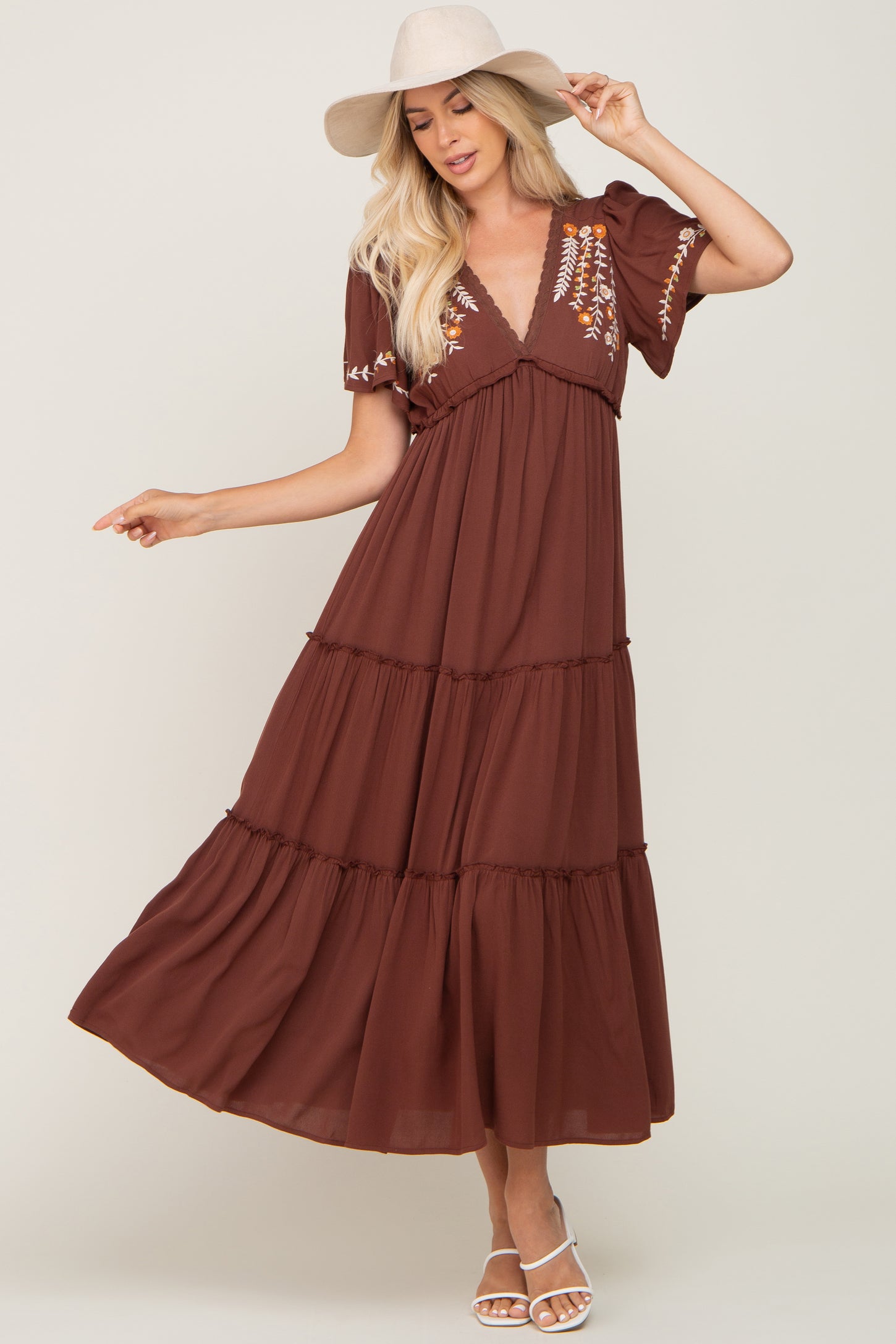 Brown Embroidered Tiered Maxi Dress
