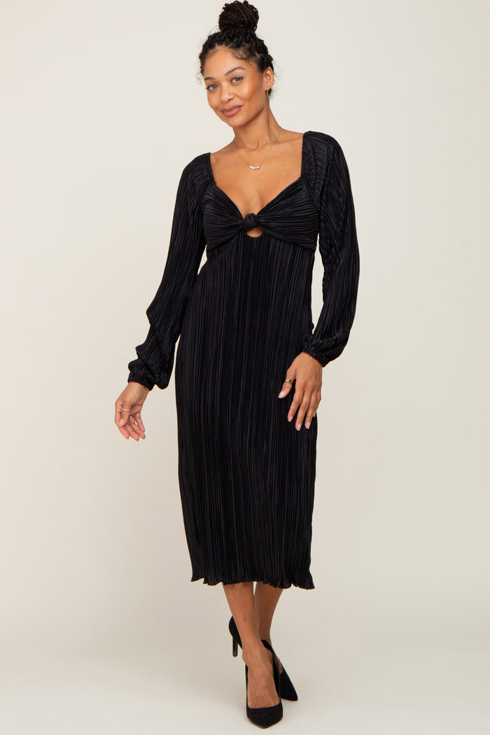 Black Pleated Front Cutout Back Tie Maternity Midi Dress
