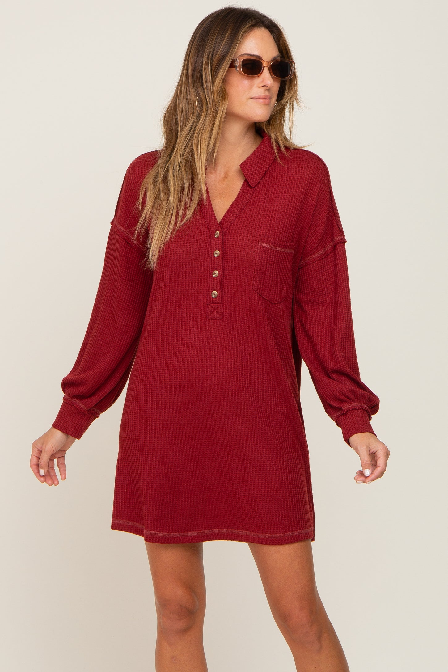 Burgundy Waffle Knit Collared Long Sleeve Dress