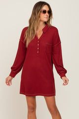 Burgundy Waffle Knit Collared Long Sleeve Dress