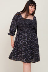 Black Floral Square Neck Plus Dress
