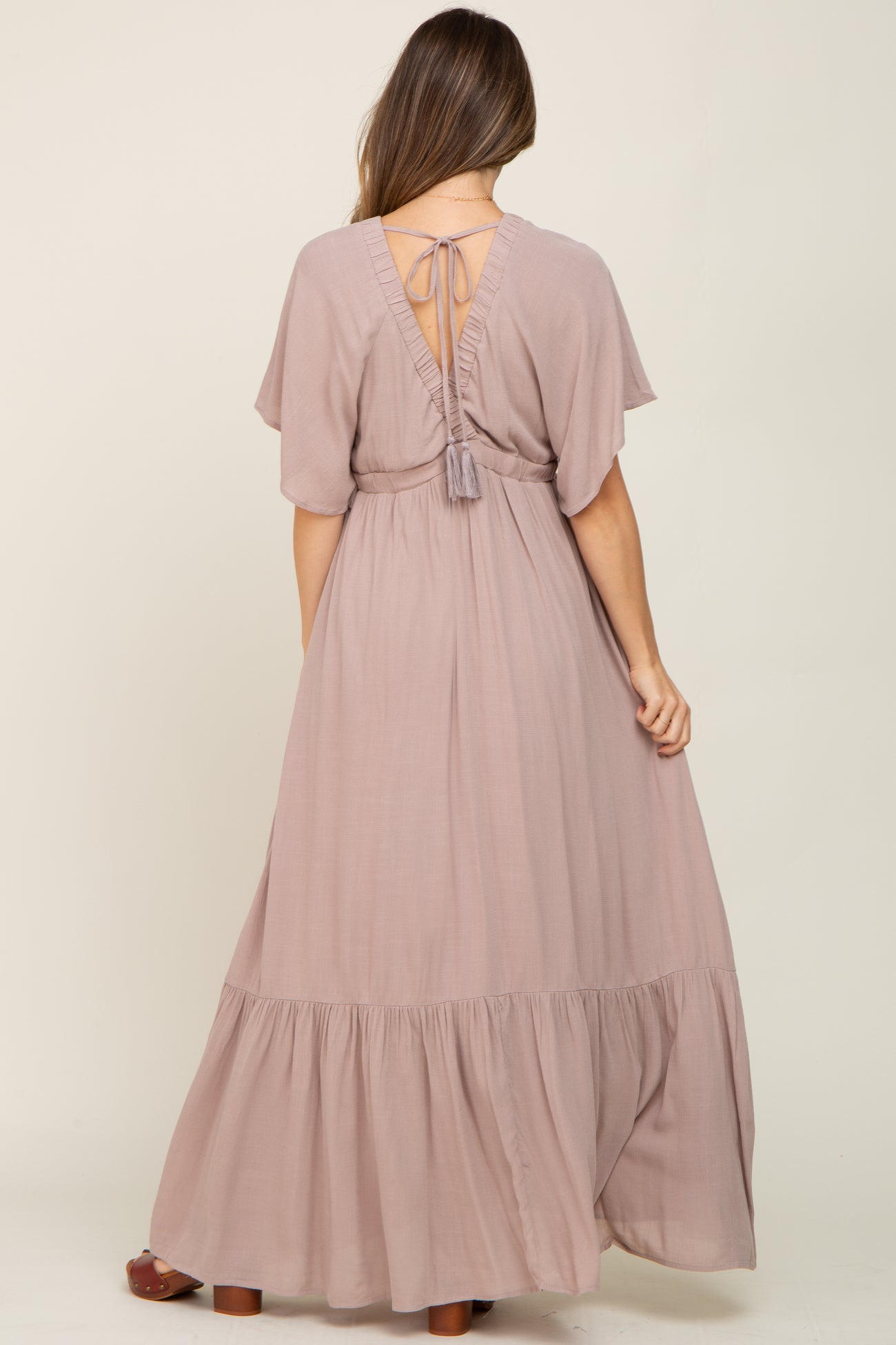 Taupe V-Neck Flounce Sleeve Maternity Maxi Dress