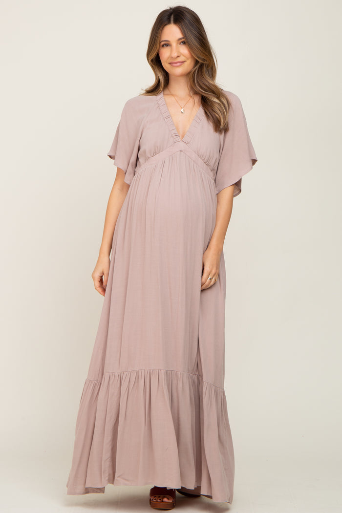 Taupe V-Neck Flounce Sleeve Maternity Maxi Dress