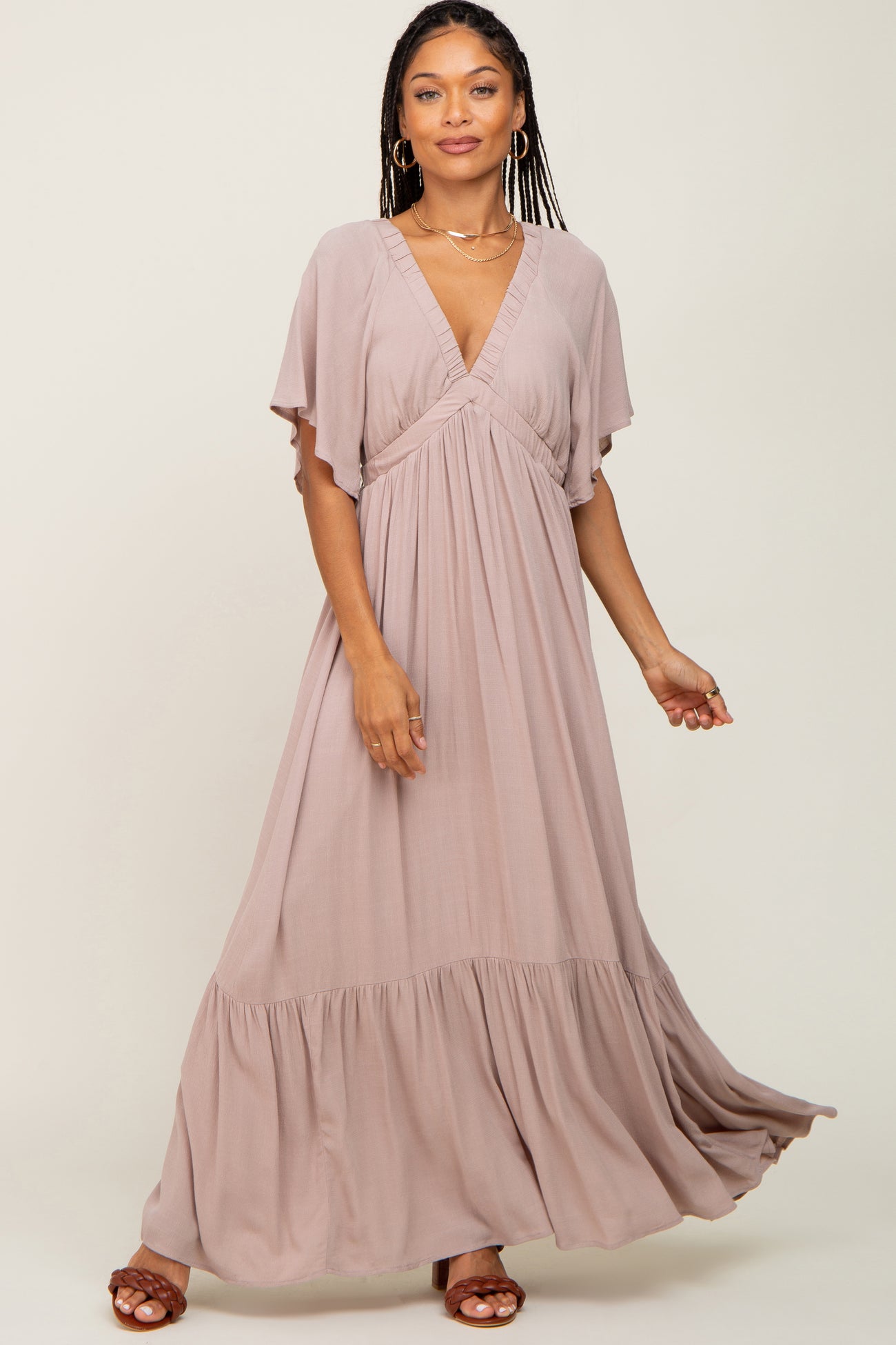 Taupe V-Neck Flounce Sleeve Maternity Maxi Dress