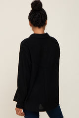 Black Waffle Knit Button Down Top