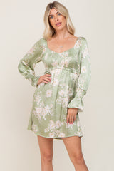 Light Olive Floral Satin Ruched Top Maternity Dress