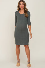 Olive Rib Knit 3/4 Sleeve Maternity Dress