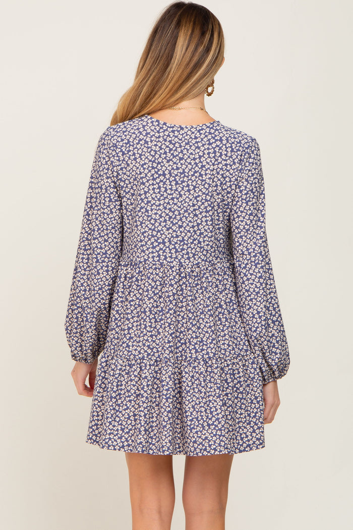 Navy Floral Long Sleeve Tiered Maternity Dress