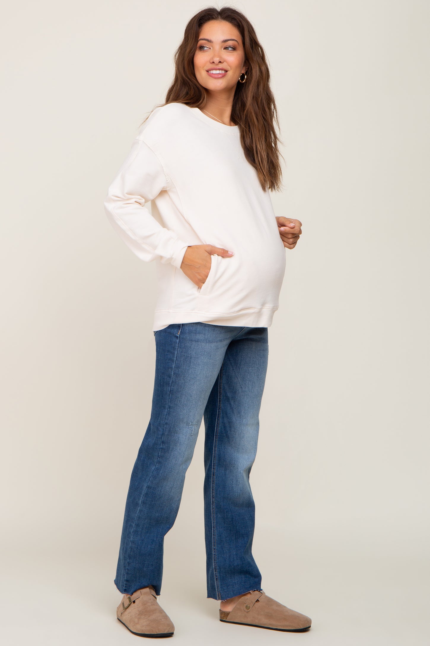 Navy Blue Raw Hem Straight Maternity Jeans