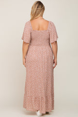 Taupe Floral Smocked Flounce Sleeve Maternity Plus Maxi Dress