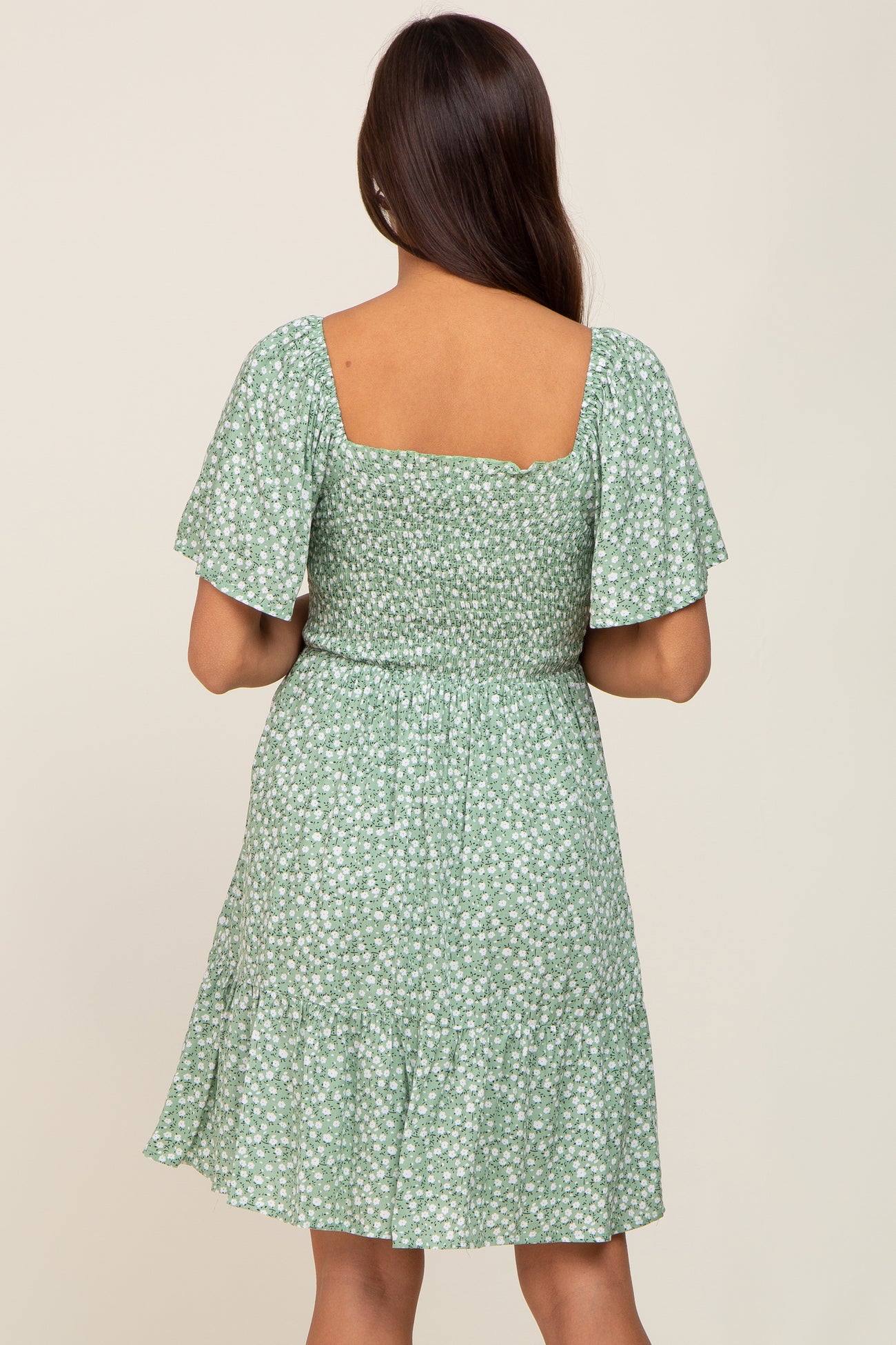 Light Olive Floral Smocked Square Neck Ruffle Hem Maternity Dress