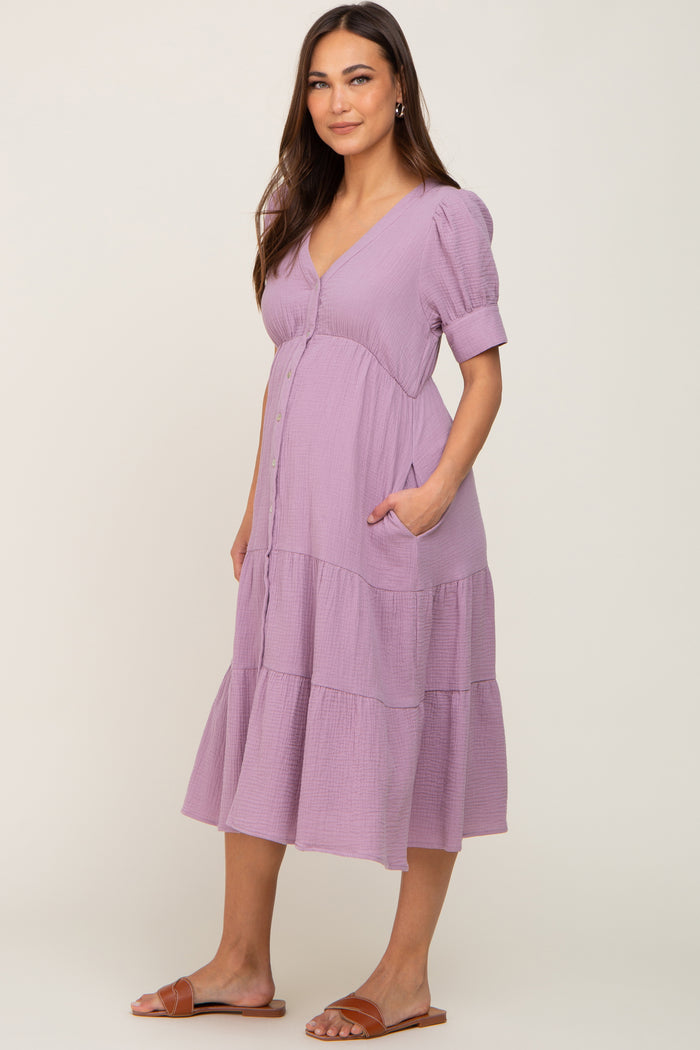 Lavender Button Down Short Sleeve Maternity Dress