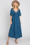 Navy Blue Textured Dot Front Tie Ruffle Sleeve Midi Dress
