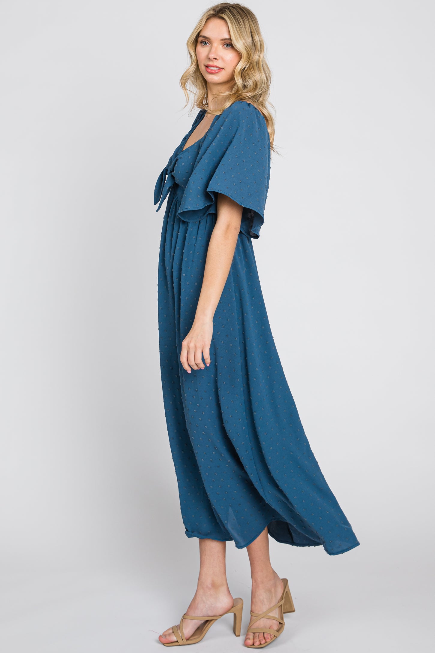 Navy Blue Textured Dot Front Tie Ruffle Sleeve Midi Dress