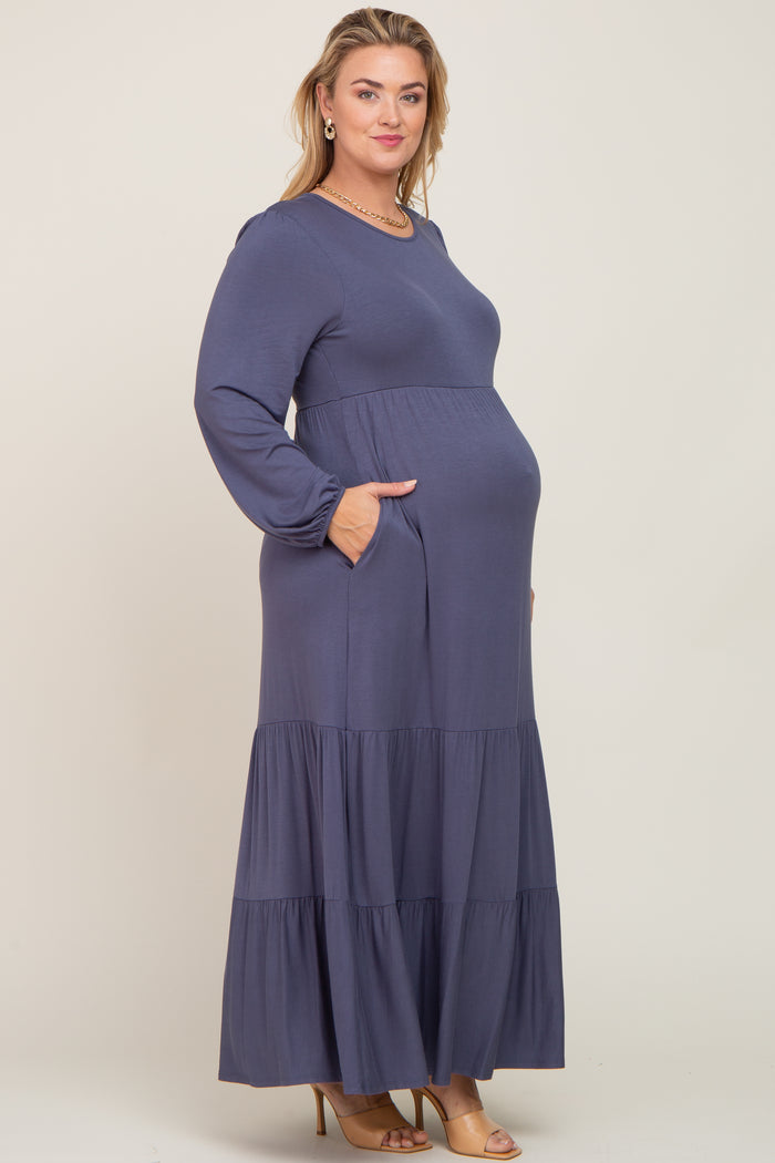 Blue Long Sleeve Tiered Maternity Plus Maxi Dress