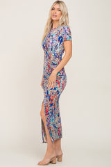 Royal Blue Multi-Color Floral Side Slit Maxi Dress