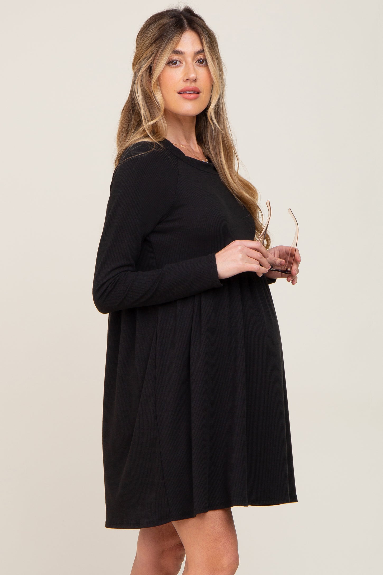 Black Ribbed Basic Long Sleeve Maternity Dress