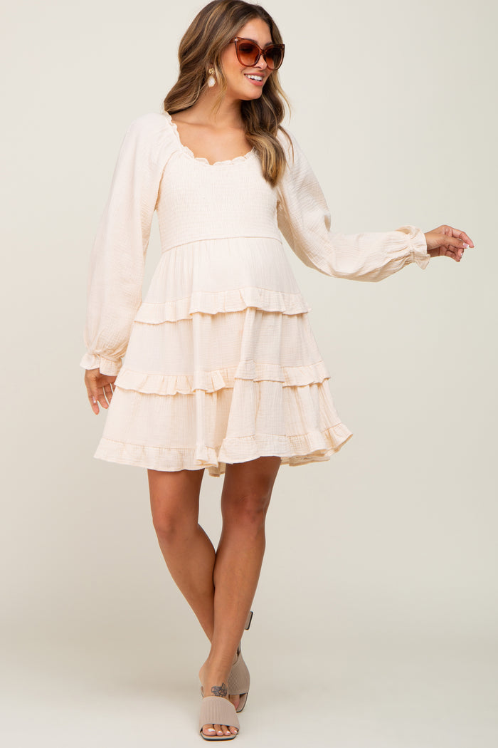 Ivory Smocked Ruffle Tiered Long Sleeve Maternity Dress