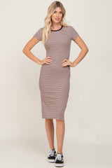 Beige Striped Side Slit Fitted Midi Dress