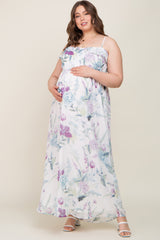 White Floral Sleeveless Ruffle Plus Maternity Maxi Dress