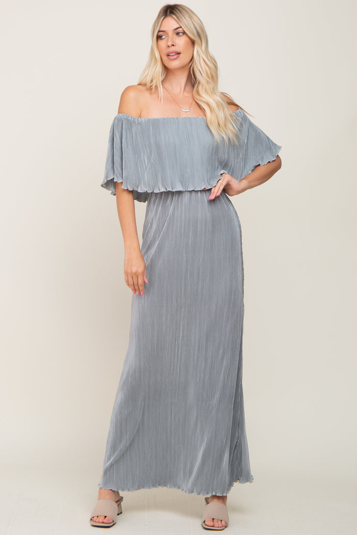 Sage Pleated Ruffle Off Shoulder Maternity Maxi Dress