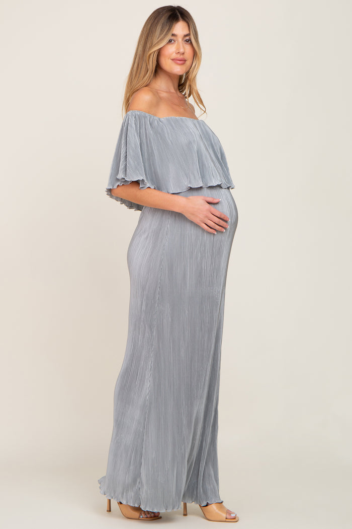 Sage Pleated Ruffle Off Shoulder Maternity Maxi Dress