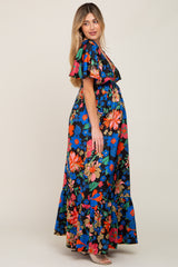 Black Floral Flounce Sleeve Maternity Maxi Dress