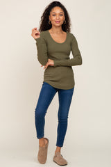 Olive Ribbed Scoop Neck Long Sleeve Top