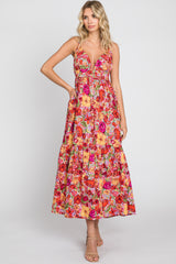 Red Floral Open Back Maxi Dress