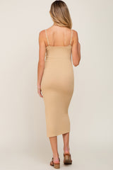 Beige Ribbed Knit Side Slit Maternity Midi Dress