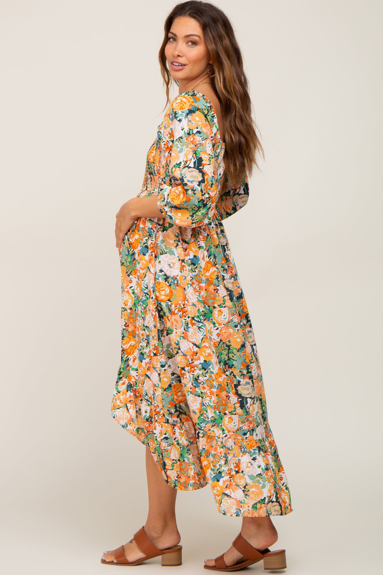 Green Multi-Color Floral Smocked Maternity Hi-Lo Dress