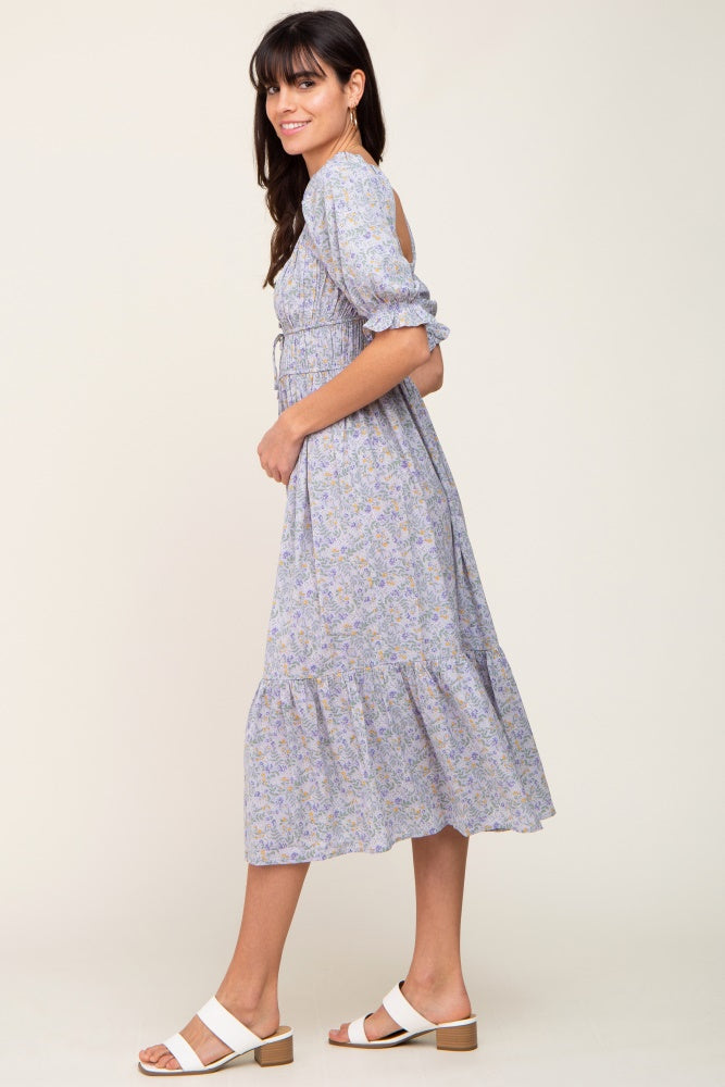 Periwinkle Floral Square Neck Front Tie Midi Dress